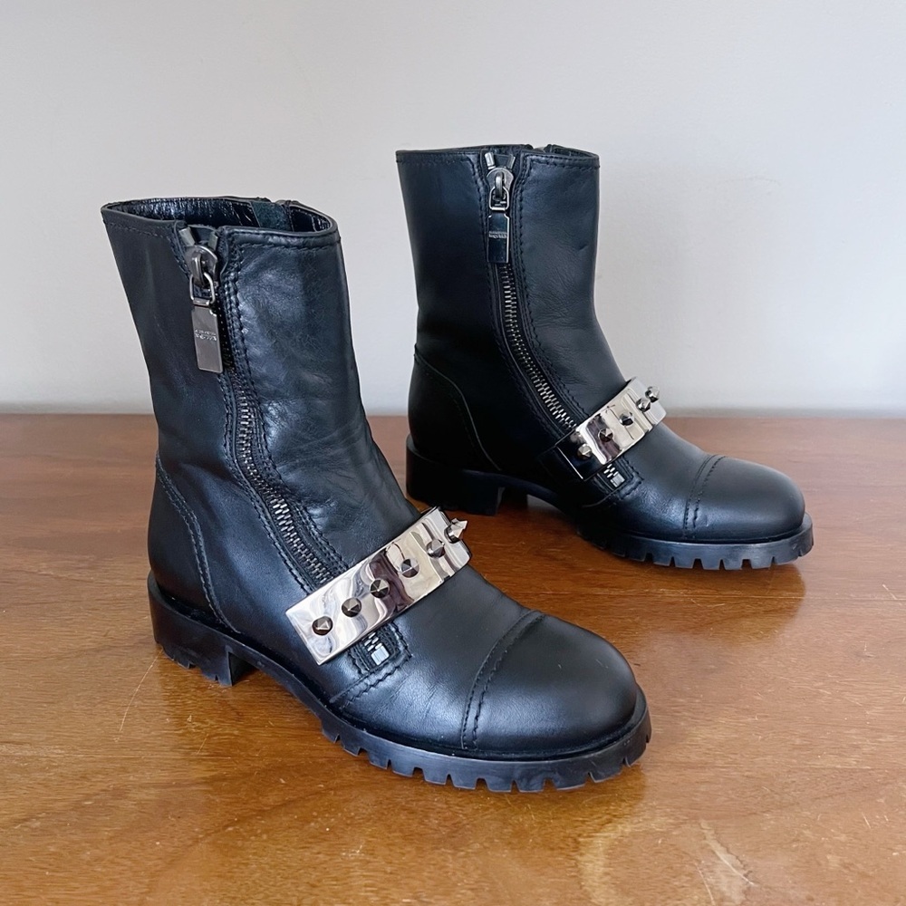 Alexander McQueen • black calfskin boot chunky silver metal studded moto - Picture 1 of 16
